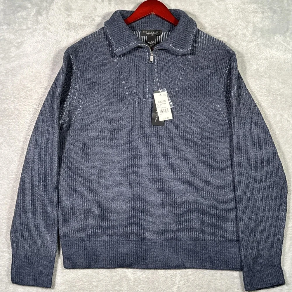 The Men's Store Bloomingdale's Sweater Mens L Blue Merino Wool 1/4 Zip Pullover